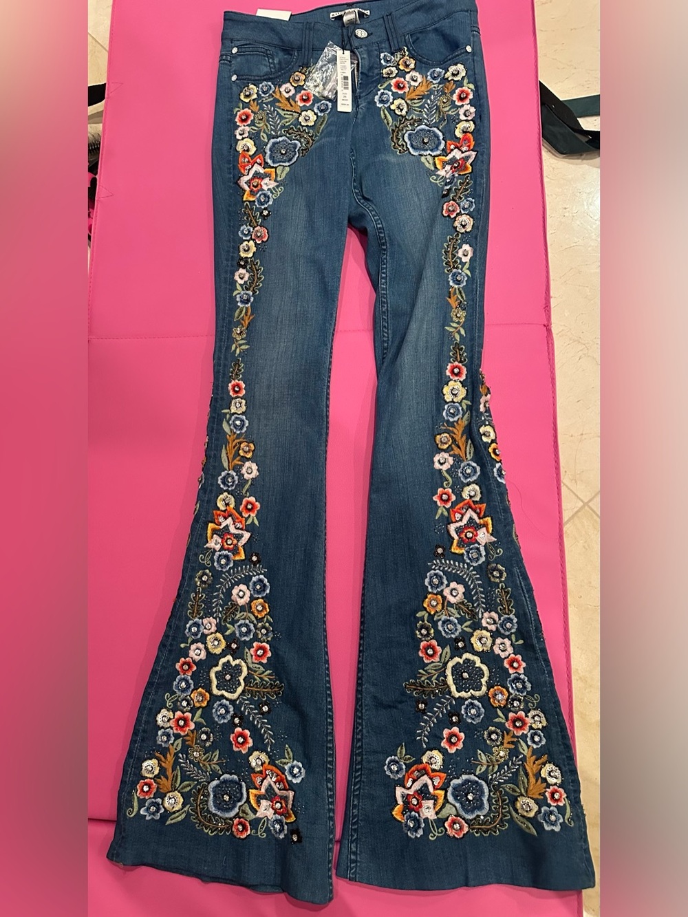 Alice + Olivia Blue Flare Jeans with Multicolor Floral Crystal bead Embroidery